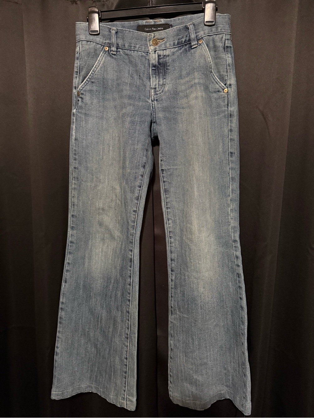 Calvin Klein Light Blue Trouser Leg Jeans with beautiful embroidery on back.
